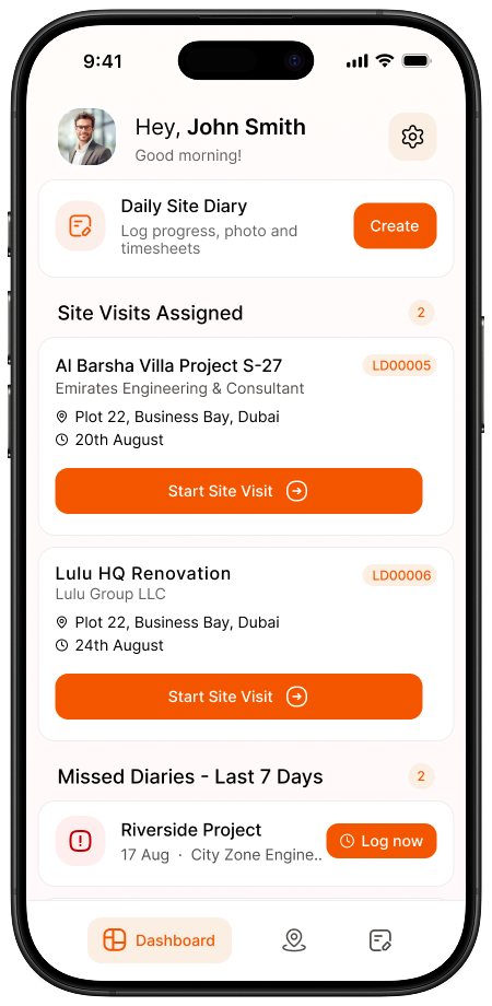 Masarek mobile site progress dashboard with Daily Site Diary and assigned site visits