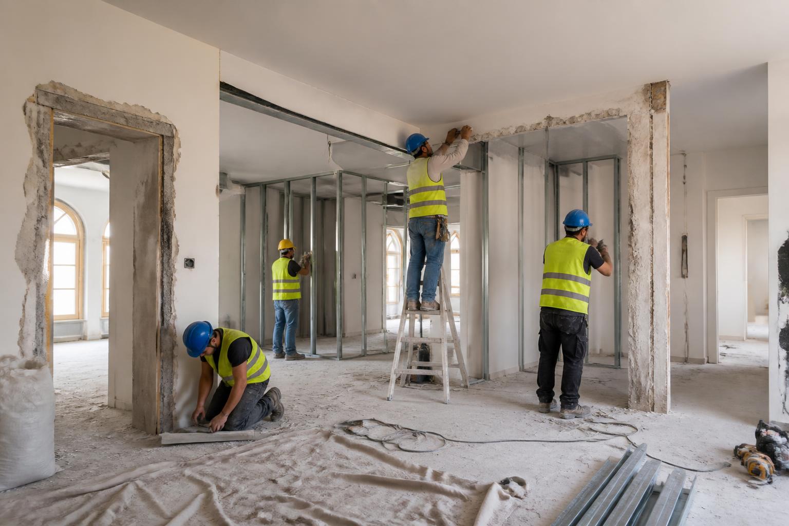 Commercial renovation team reviewing an interior fit-out in progress