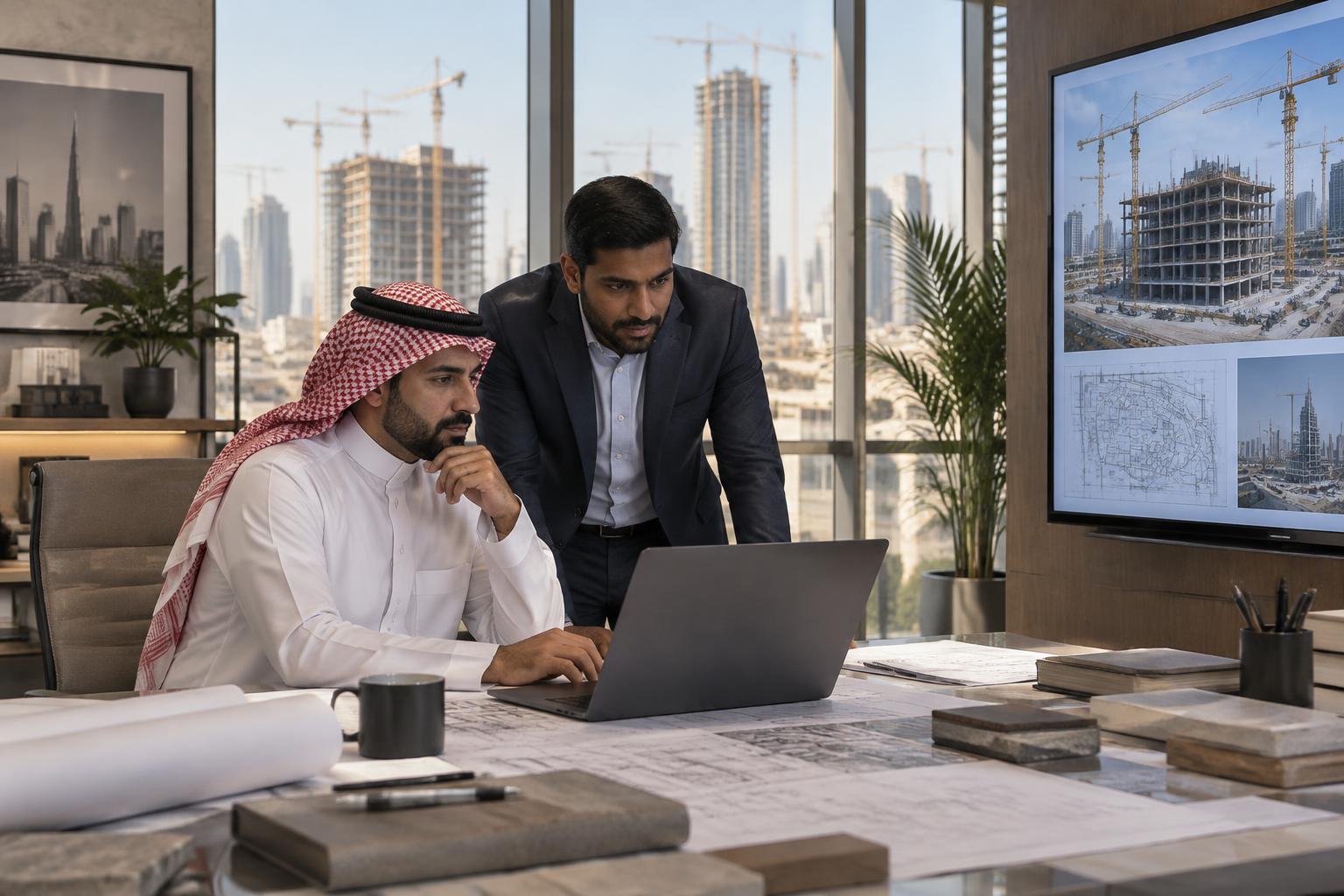 Saudi construction leaders confidently reviewing project information