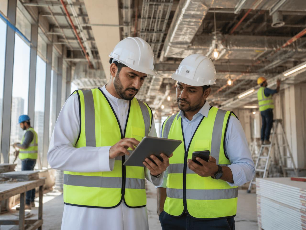 UAE site engineers using a tablet in an active MEP fit-out project
