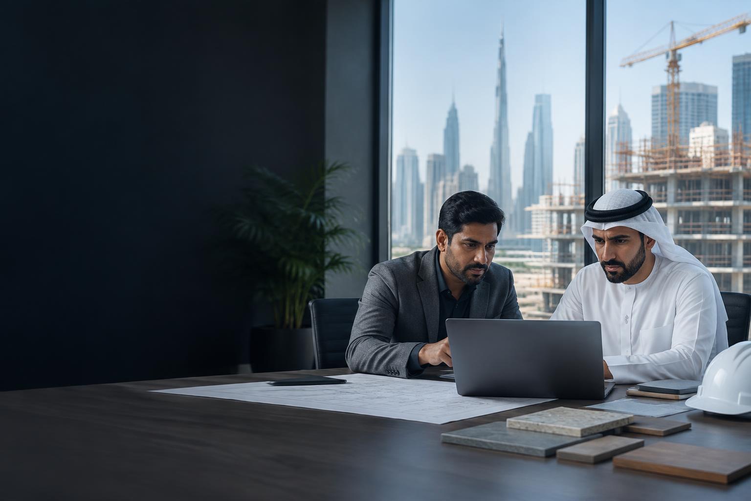 GCC construction leaders reviewing project controls on a laptop