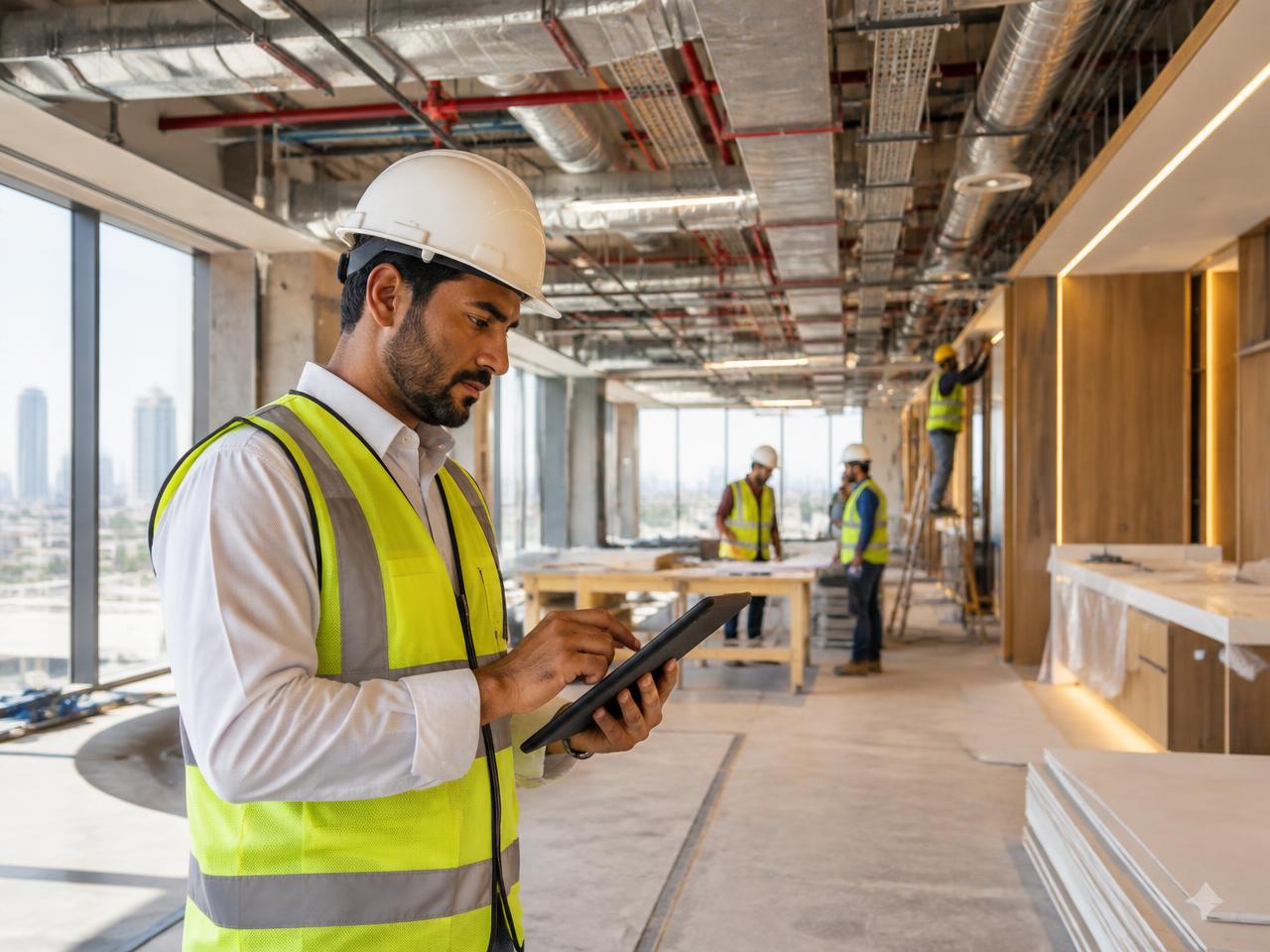 MEP site manager using a tablet at a modern GCC construction project