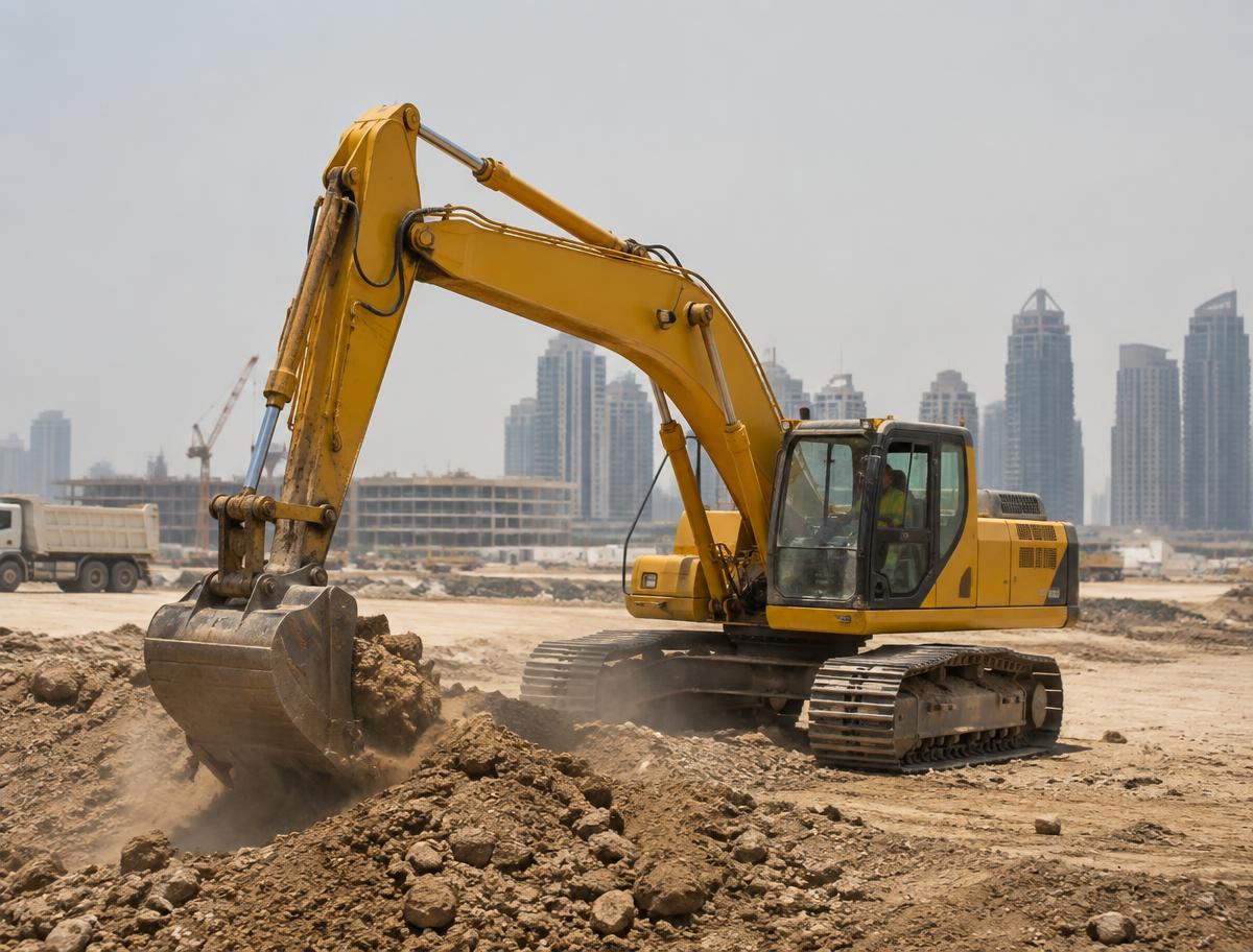 Excavator carrying out earthworks on a GCC construction site