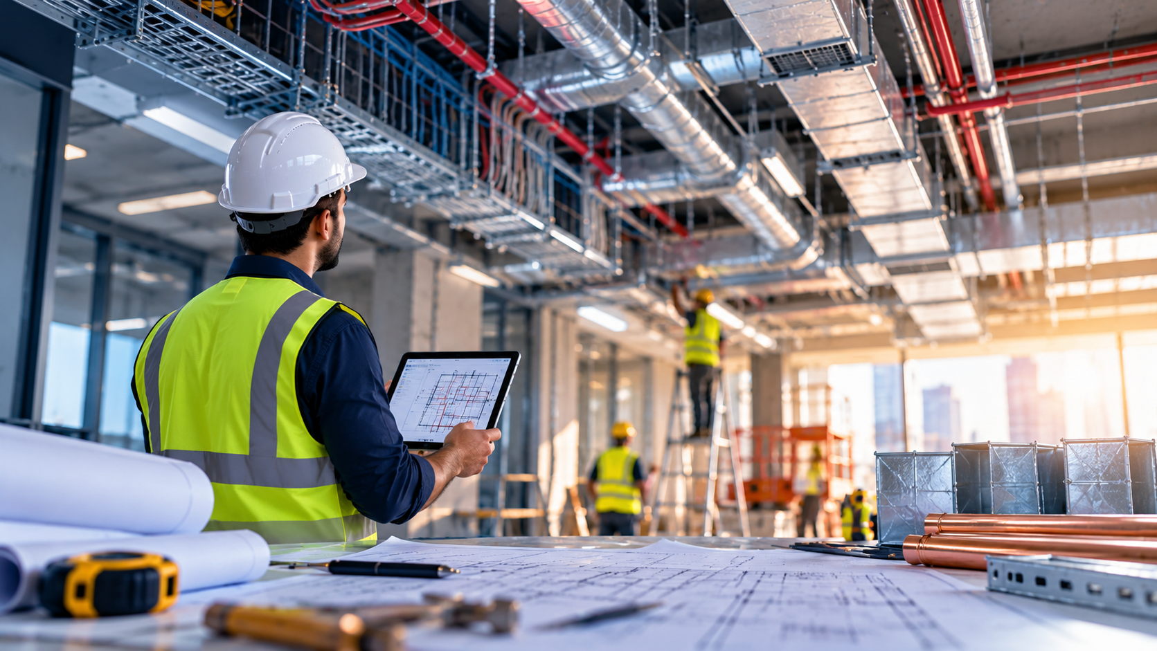 MEP engineers reviewing installation plans and project costs at a commercial construction site with HVAC ductwork and electrical installations in progress.
