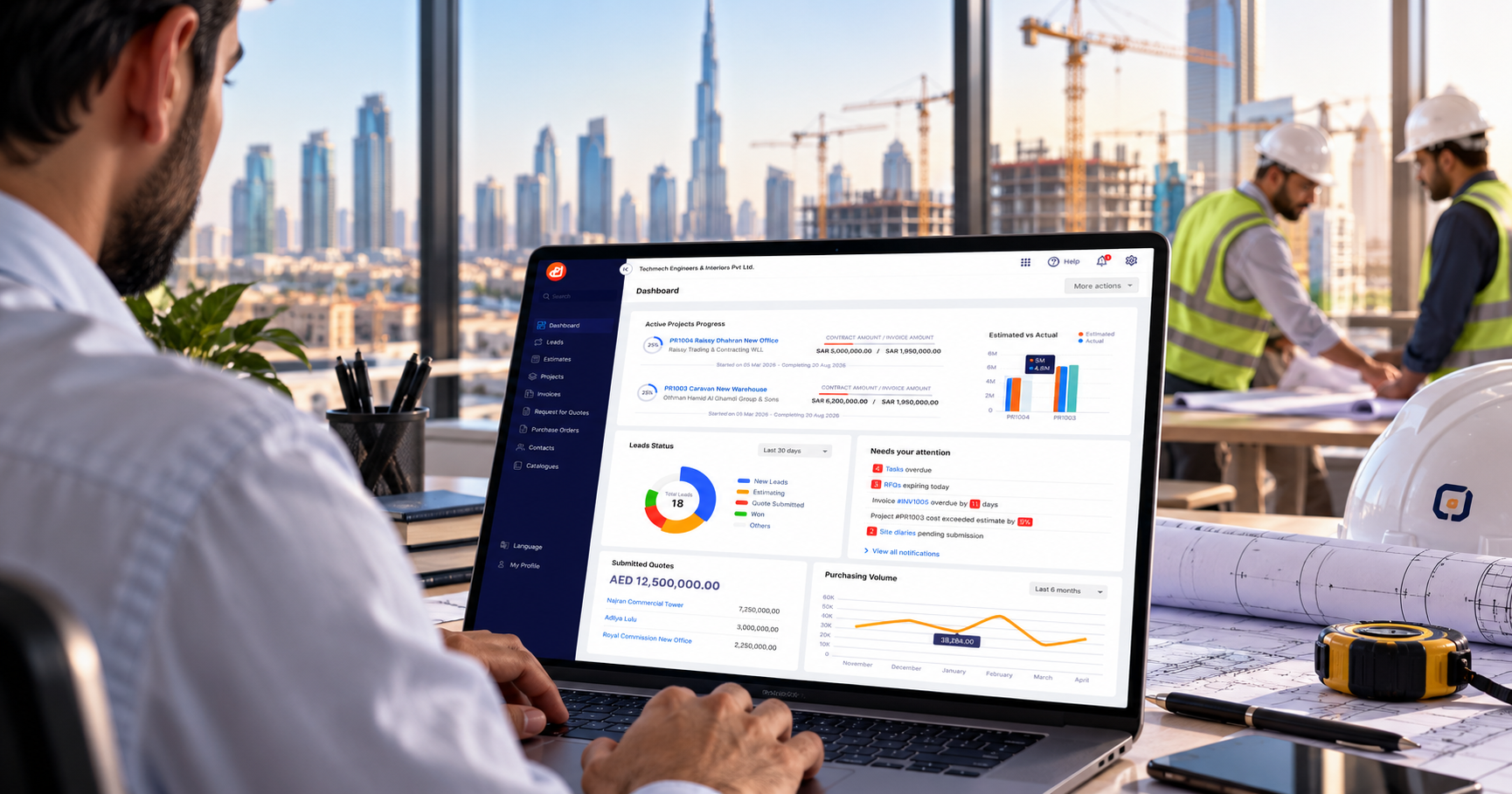 Construction project manager using Masarek software to monitor multiple project budgets, schedules, and progress from a modern office in Dubai.