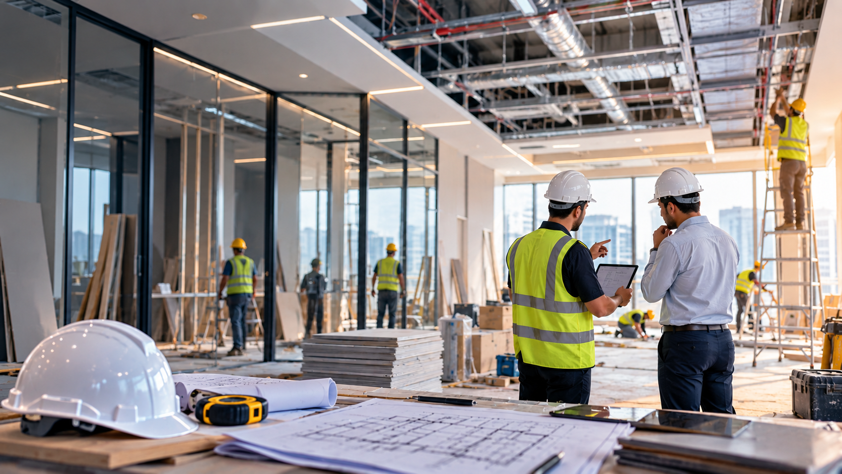 Interior fit-out project in progress with site engineers reviewing plans while workers install ceilings and glass partitions in a commercial office.